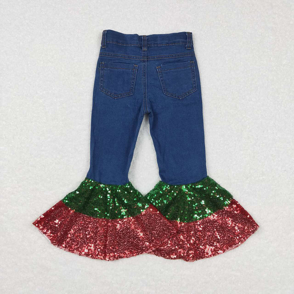 Baby Girls Christmas Denim Sequin Bell Bottom Pants Jeans