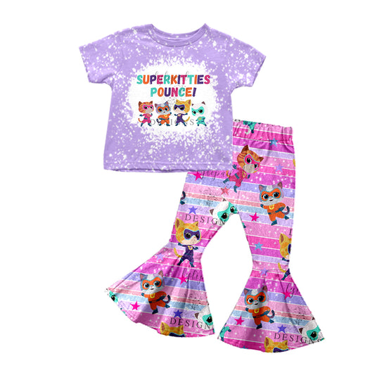 Baby Girls Cartoon Cats Shirt Purple Bell Pants Clothes Sets Preorder(moq 5)