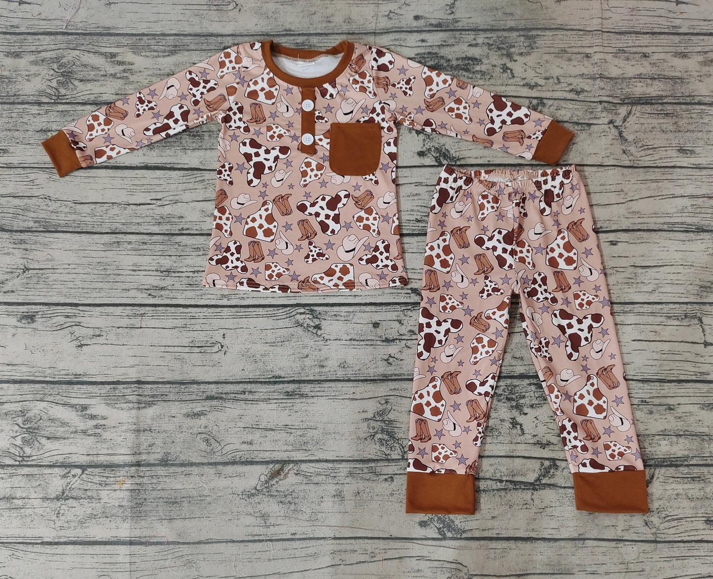 Baby Boys Western Brown Cow Tags Pajamas Clothing Sets