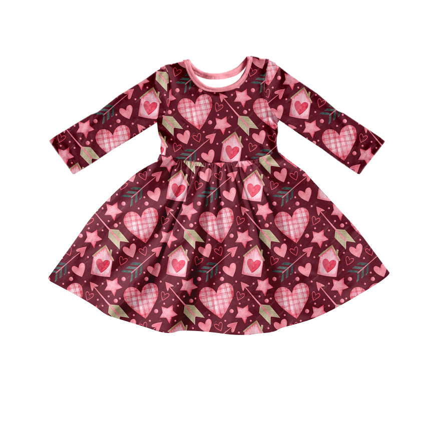 Baby Girls Valentines Pink Hearts Arrows Long Sleeve Knee Length Dresses Preorder(moq 5)