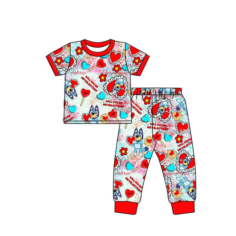 Baby Boys Cartoon Dog Valentines Hearts Short Sleeve Tee Shirt Pants Pajamas Sets Preorder(moq 5)