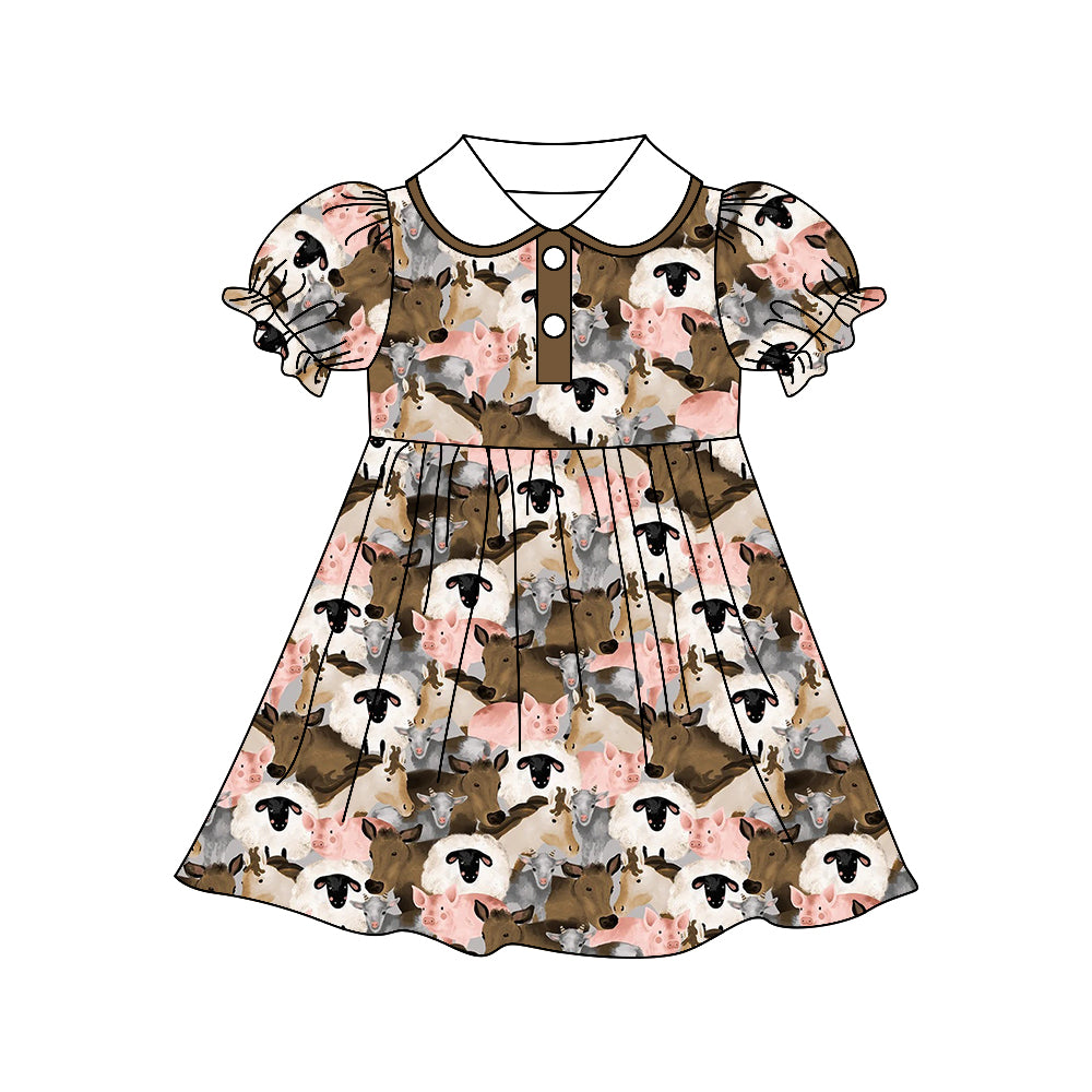 Baby Girls Brown Animal Farm Short Sleeve Knee Length Dresses preorder(moq 5)