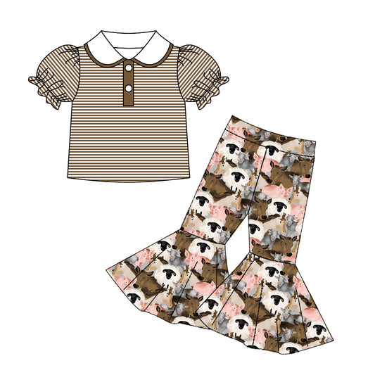 Baby Girls Brown Stripes Tee Shirt Top Animal Farm Bottom Pants Clothes Sets preorder(moq 5)