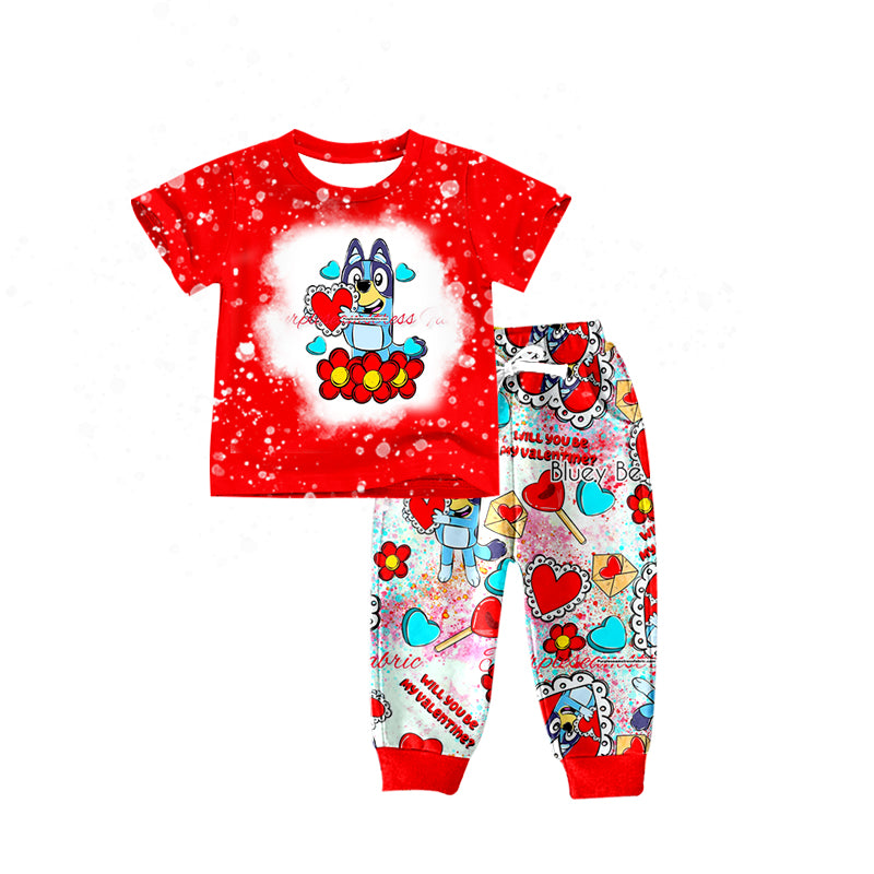 Baby Boys Cartoon Dog Valentines Hearts Short Sleeve Tee Shirt Pants Sets Preorder(moq 5)