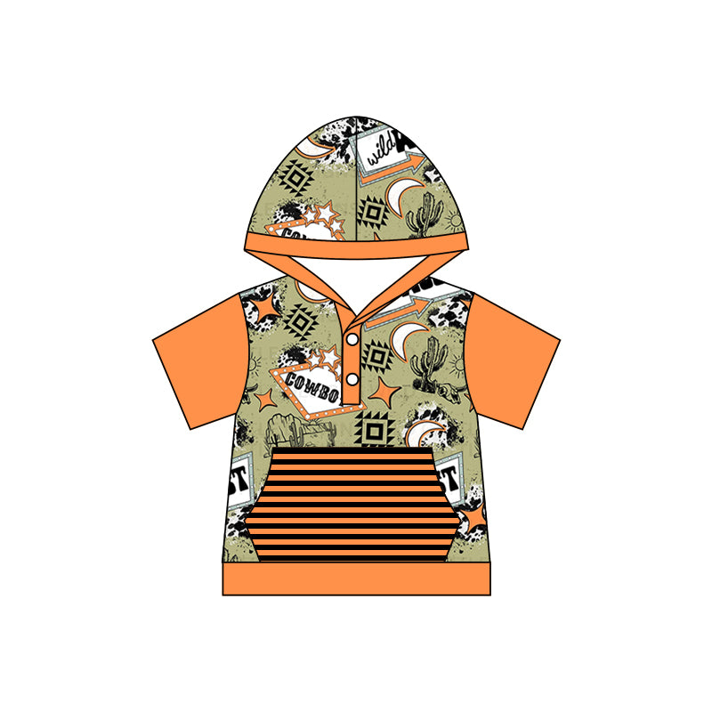 Baby Boys Summer Hooded Aztec Orange Western Cowboy Shirt Tops Preorder(moq 5)