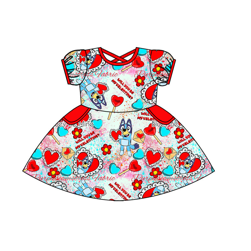 Baby Girls Valentines Cartoon Dog Hearts Short Sleeve Knee Length Dresses Preorder(moq 5)