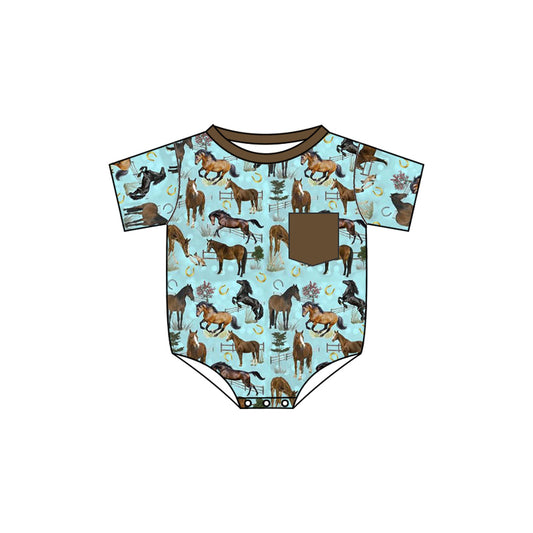 Baby Girls Rodeo Western Blue Horse Pocket Rompers preorder(moq 5)