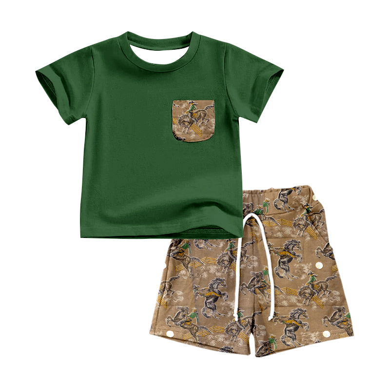 Baby Boys Green Pocket Tee Western Rodeo Shorts Outfits Clothes Sets preorder(moq 5)