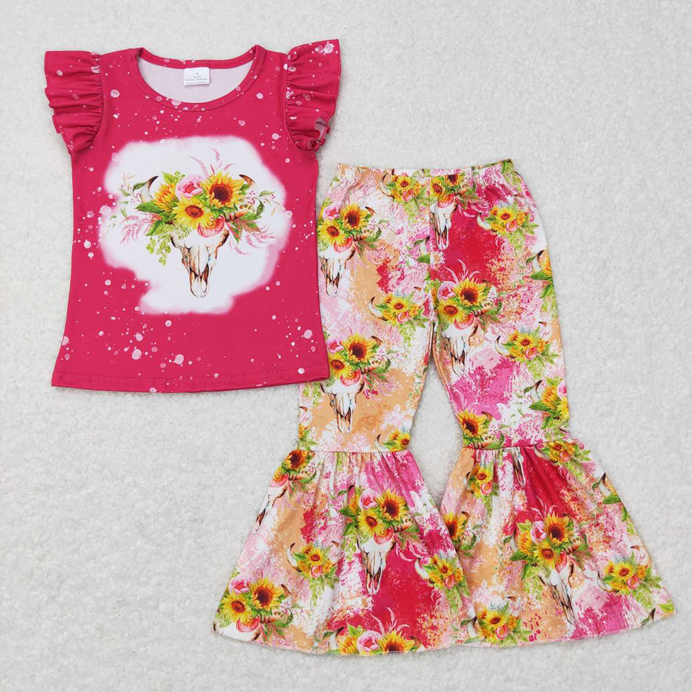 Baby Girls Cow Skull Flowers Short Sleeve Tee Shirts Bell Pants Clothes Sets