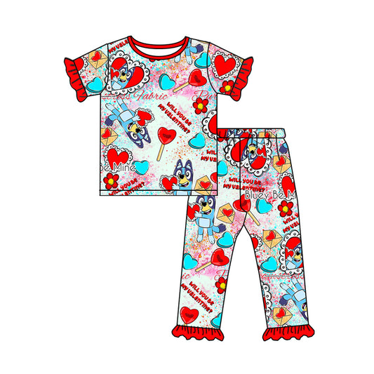 Baby Girls Cartoon Dog Valentines Hearts Short Sleeve Tee Shirt Pants Pajamas Sets Preorder(moq 5)