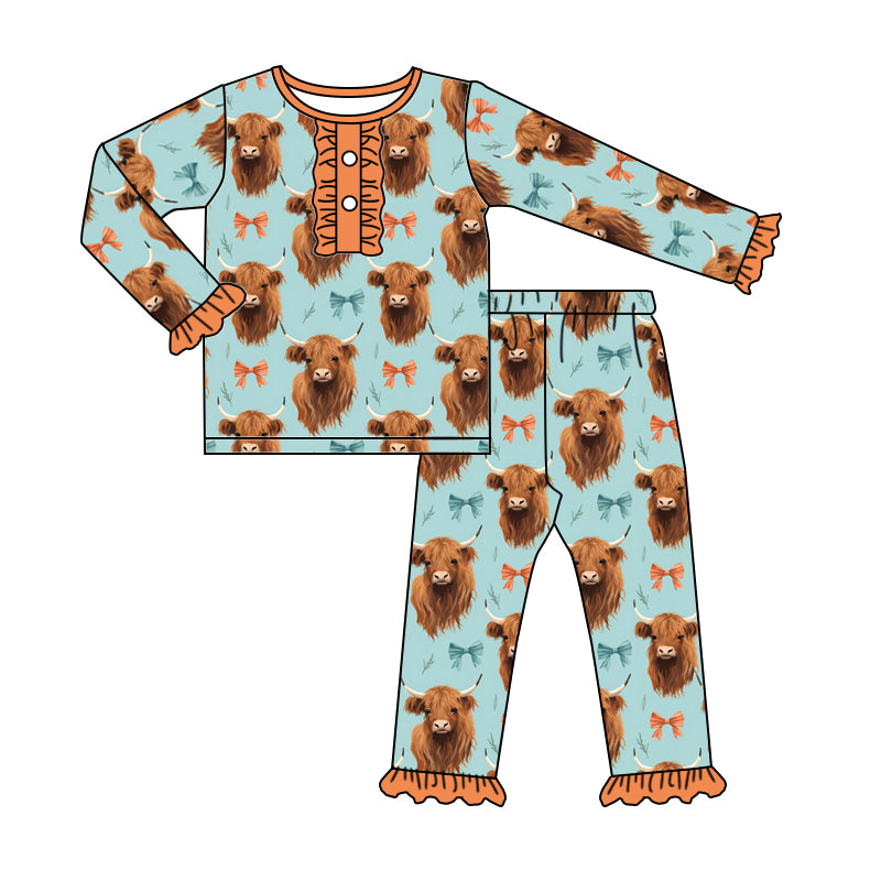 Baby Girls Orange Ruffle Top Highland Cow Pajamas Clothing preorder(moq 5)