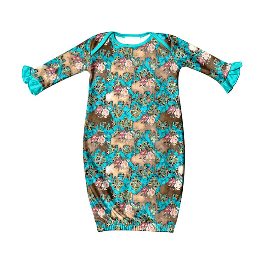 Baby Girls Western Turquoise Cows Gowns preorder(moq 5)