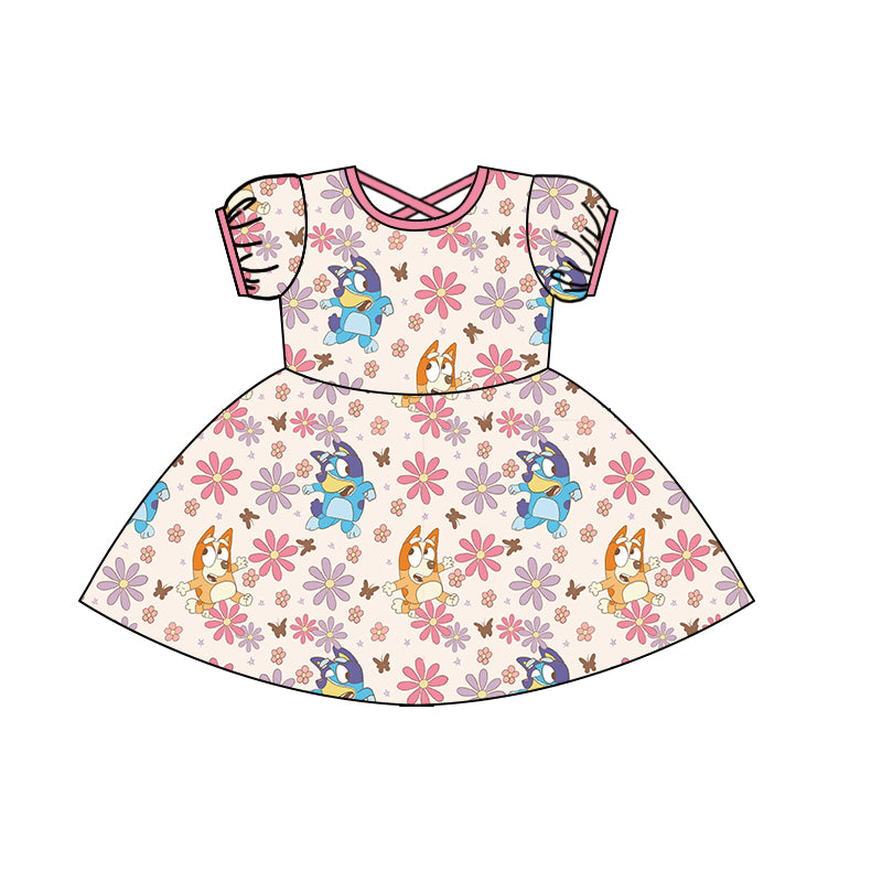 Baby Girls Cartoon Dog Flowers Short Sleeve Knee Length Dresses Preorder(moq 5)