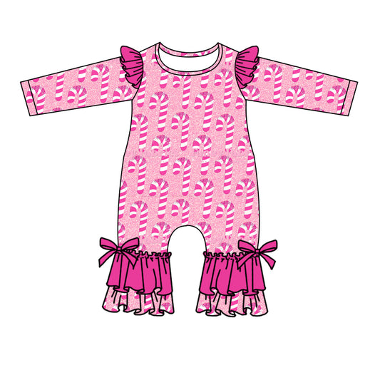 Baby Girls Candy Cane Pink Long Sleeve Ruffle Rompers preorder(moq 5)