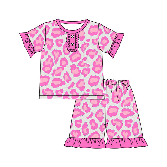 Baby Girls Pink Leopard Ruffle Tee Shorts Pajamas Clothes Sets preorder(moq 5)