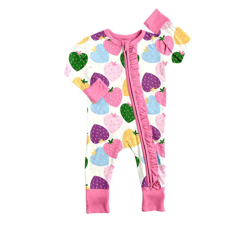 Baby Infant Girls Strawberry Colorful Ruffle Long Sleeve Zip Sleepers Rompers preorder(moq 5)