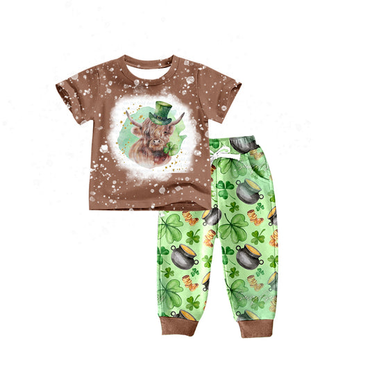 Baby Boys Western Highland Cow St Patrick Day Top Pants Sets Preorder(moq 5)