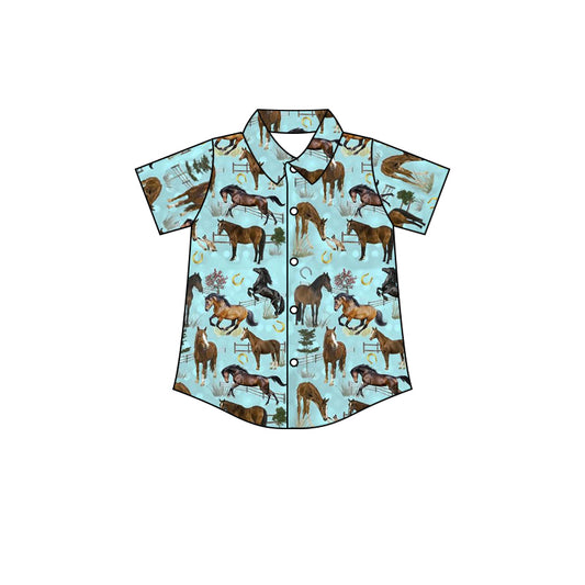 Baby Boys Horses Blue Short Sleeve Buttons Brown Tee Tops preorder(moq 5)