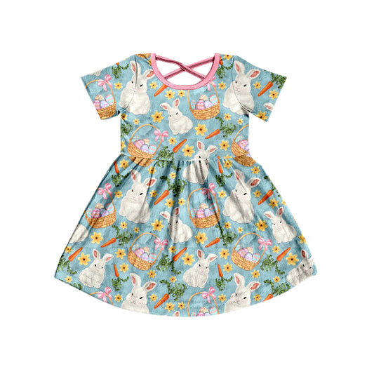 Baby Girls Easter Rabbit Flowers Short Sleeve Knee Length Dresses Preorder(moq 5)