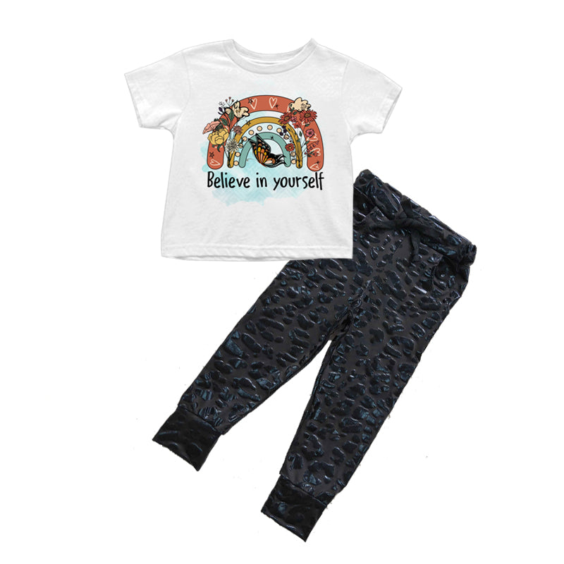 Baby Girls Believe in yourself leopard pleather Pants Sets preorder(moq 5)