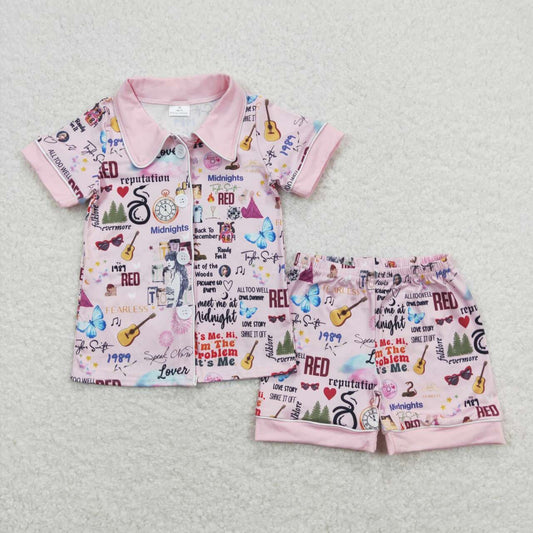 Baby Girls Pink Singer Buttons Shirts Shorts Pajamas Clothes Sets