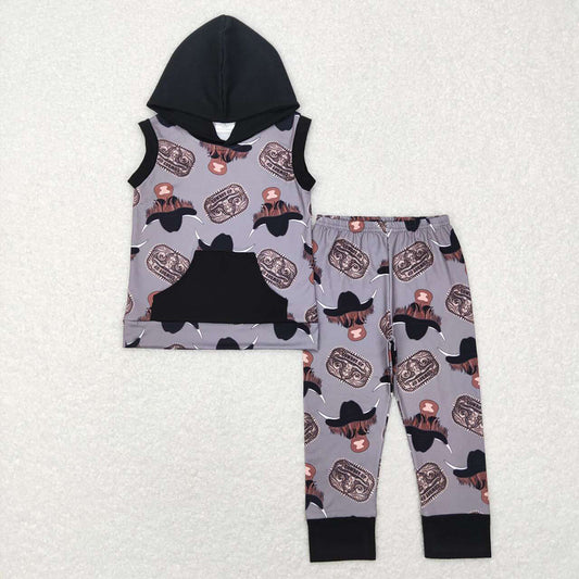 Baby Boys Western Cow Hoodie Tops Pants Clothes Sets