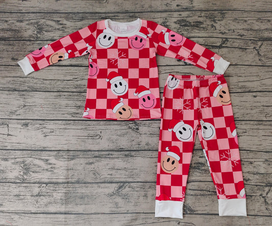 Baby Girls Christmas Red Checkered Smile 2pcs Pajamas Clothes Sets