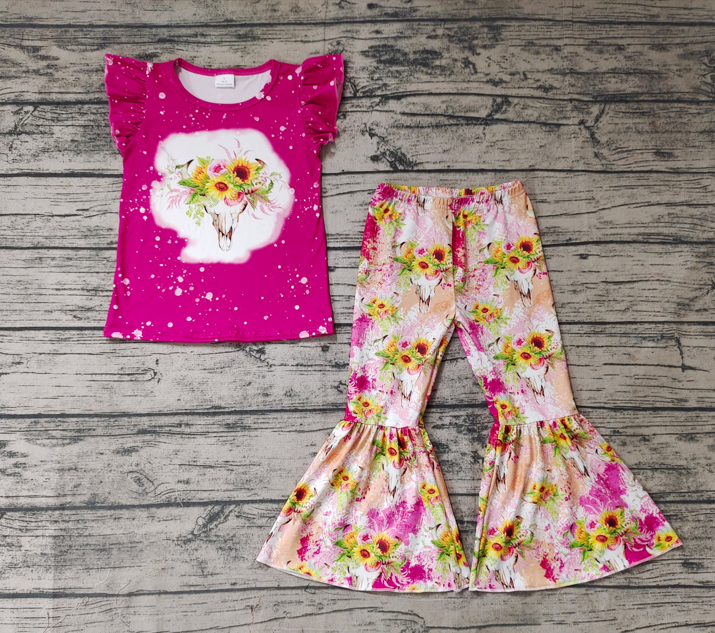 Baby Girls Cow Skull Flowers Short Sleeve Tee Shirts Bell Pants Clothes Sets