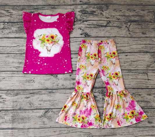 Baby Girls Cow Skull Flowers Short Sleeve Tee Shirts Bell Pants Clothes Sets