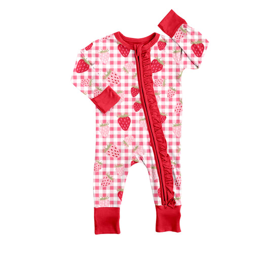 Baby Infant Girls Strawberry Checkered Ruffle Long Sleeve Zip Sleepers Rompers preorder(moq 5)