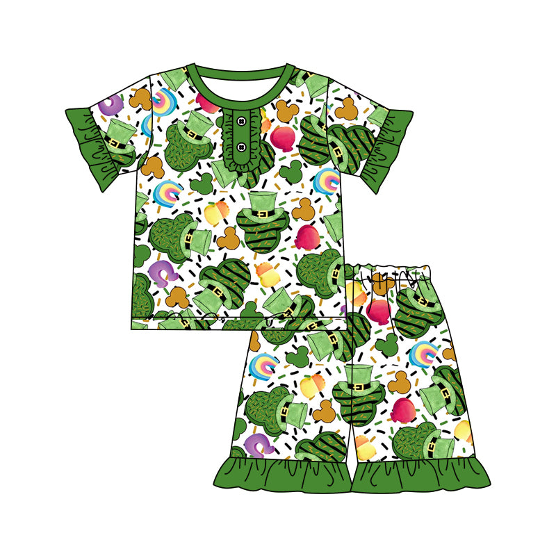 Baby Girls St Patrick Day Cartoon Ruffle Shirt Shorts Clothes Sets Preorder(moq 5)