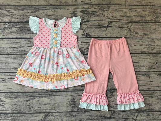 Baby Girls Easter Rabbit Flowers Tunic Top Bottom Capris Clothes Sets