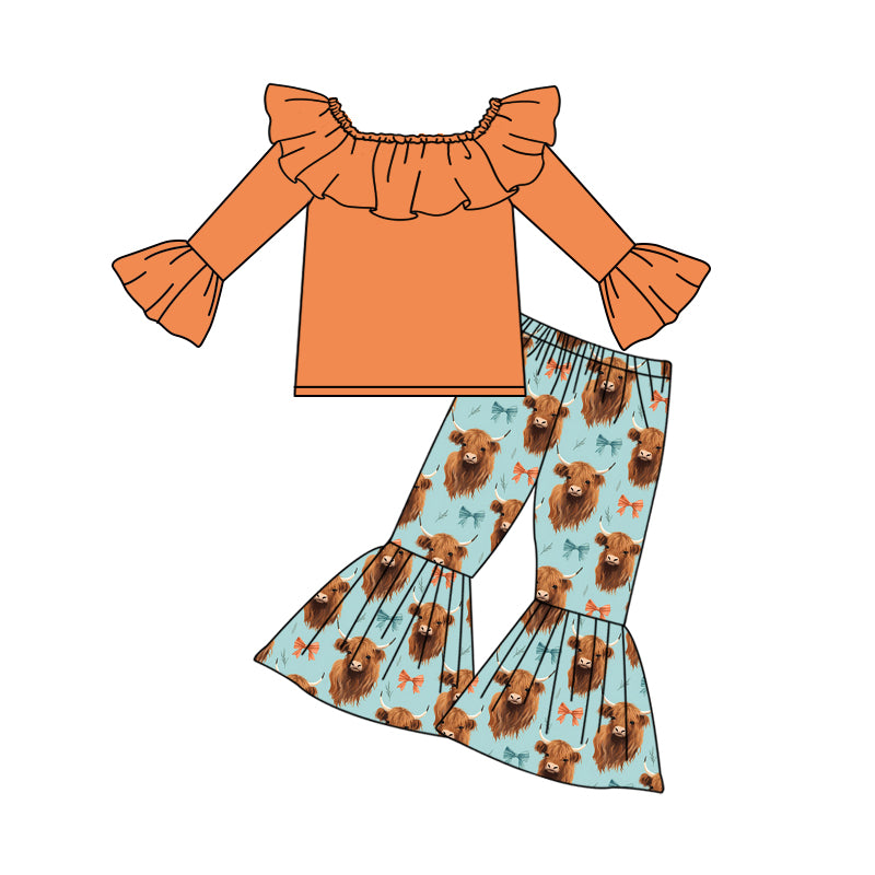 Baby Girls Orange Ruffle Top Highland Cow Bell Pants Clothing preorder(moq 5)