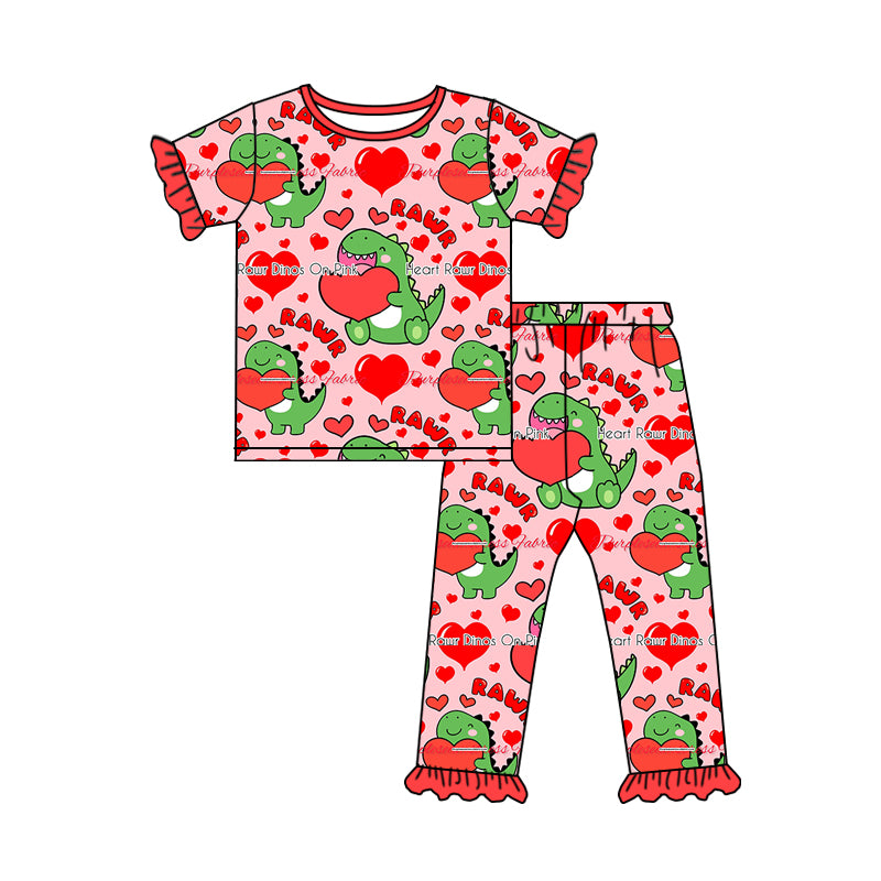 Baby Girls Dinosaur Short Sleeve Valentines Tee Shirt Pants Pajamas Sets Preorder(moq 5)