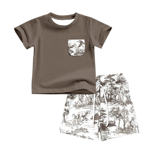 Baby Boys Grey Pocket Tee Rodeo Shorts Outfits Clothes Sets preorder(moq 5)
