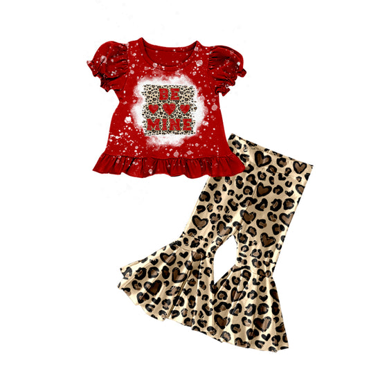 Baby Girls Be Mine Short Sleeve Top Leopard Bell Pants Outfits Sets preorder(moq 5)