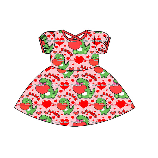 Baby Girls Valentines Dinosaur Hearts Short Sleeve Knee Length Dresses Preorder(moq 5)