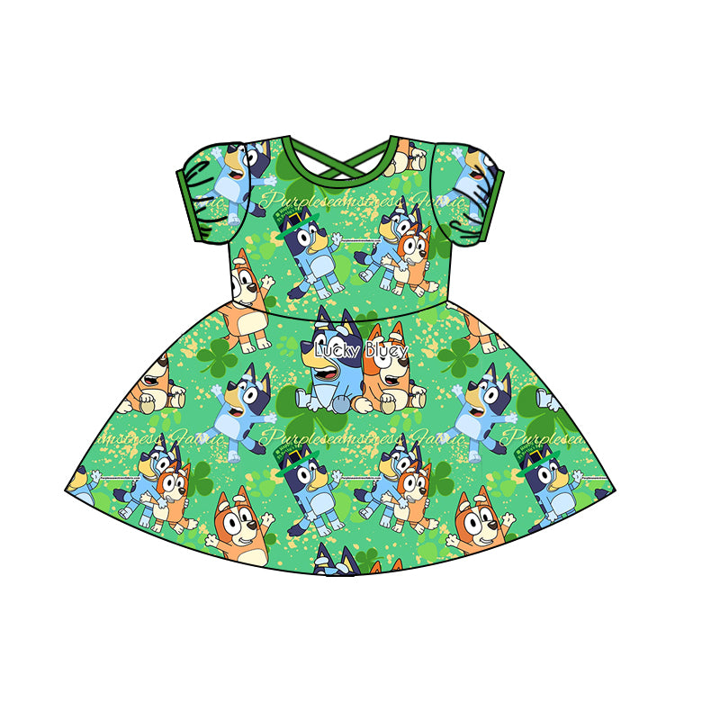 Baby Girls Dog St Patrick Day Short Sleeve Knee Length Dresses Preorder(moq 5)