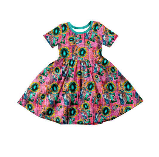 Baby Girls Love Sunflowers Western Knee Length Dresses Preorder(moq 5)