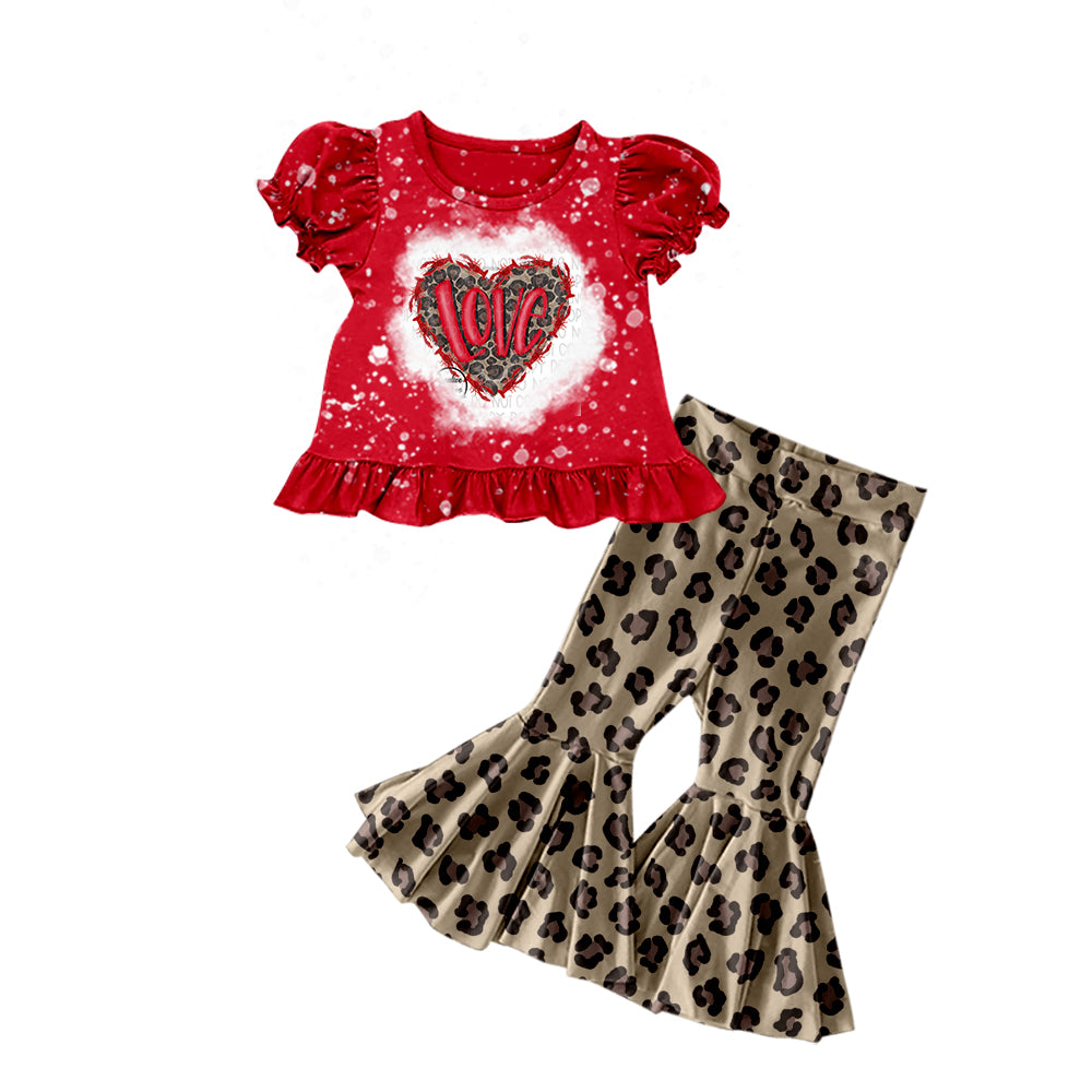 Baby Girls Love Short Sleeve Top Leopard Bell Pants Outfits Sets preorder(moq 5)