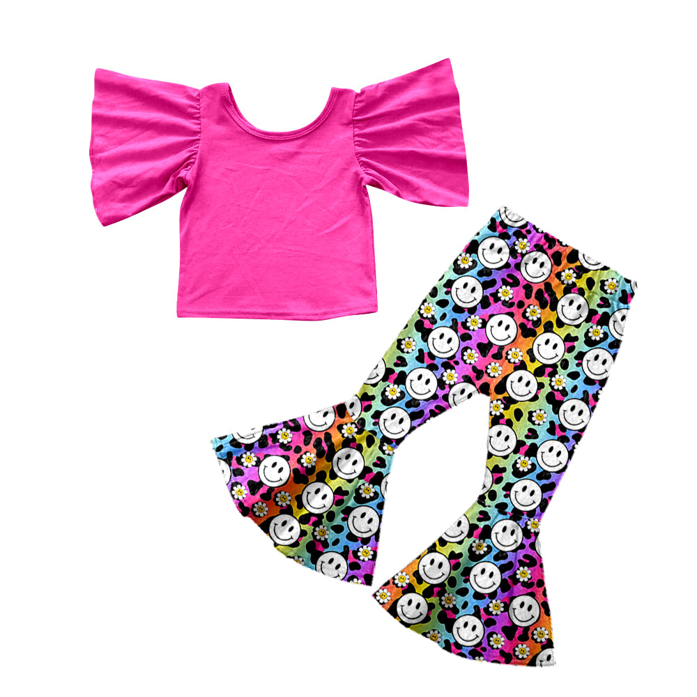 Baby Girls Pink Tee Smile Sunflower Leopard Bell Bottom Pants Clothes Sets preorder(moq 5)