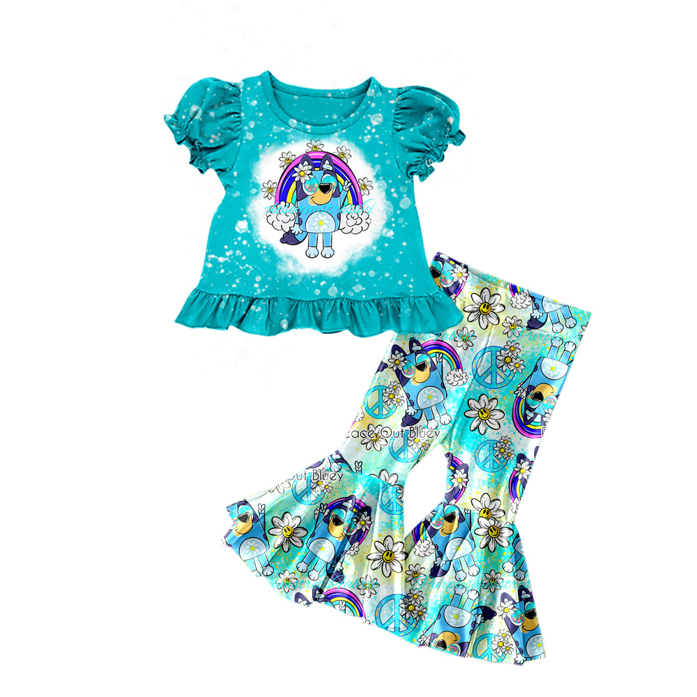 Baby Girls Dog Blue Peace Short Sleeve Tee Shirt Bell Pants Sets Preorder(moq 5)