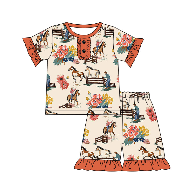 Baby Girls Horse Flowers Western Ruffle Shirt Shorts Clothes Sets Preorder(moq 5)