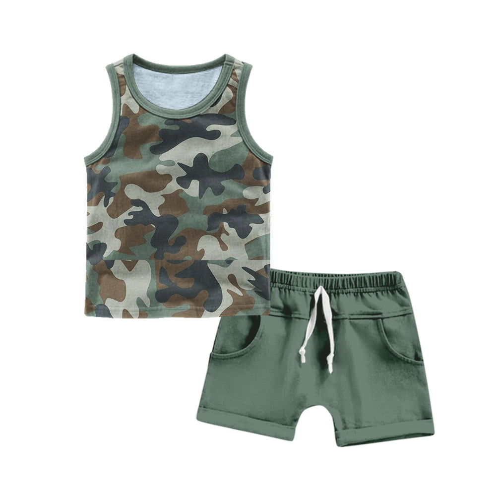 Baby Boys Camo Green Sleeveless Tee Shirt Shorts Clothes Sets preorder(moq 5)