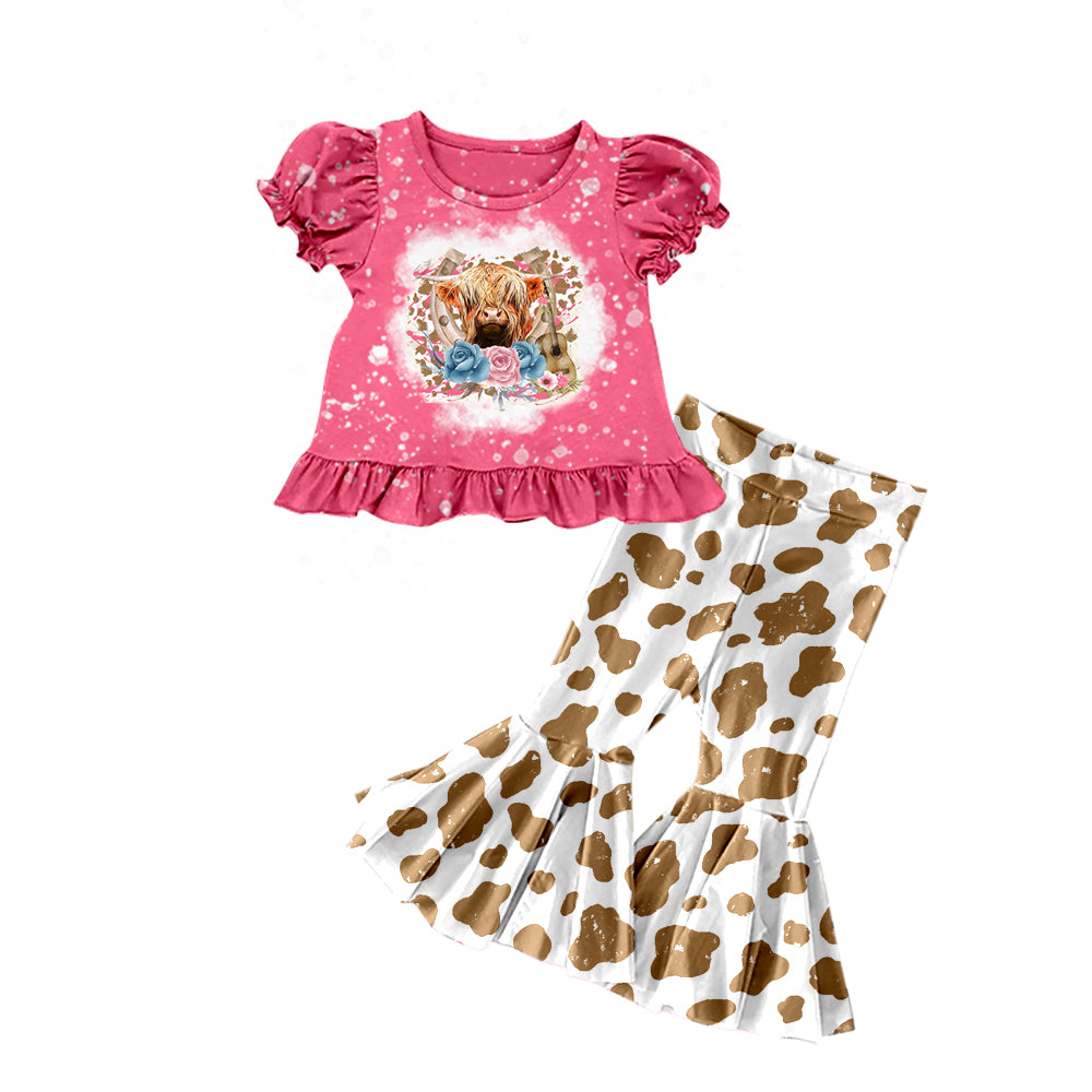 Baby Girls Western Pink Highland Cow Top Brown Cow Flare Pants Sets Preorder(moq 5)