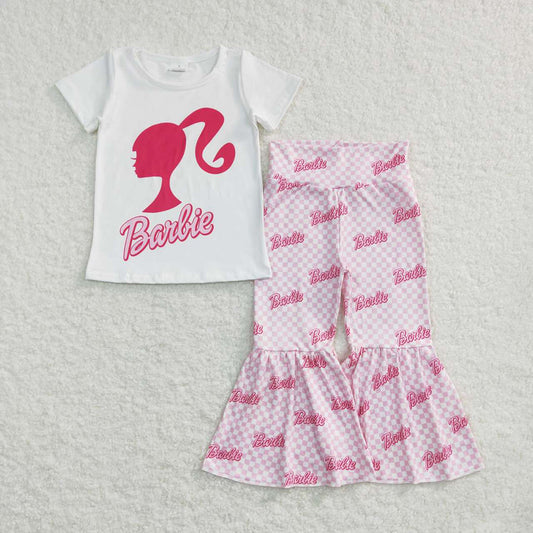 Baby Girls White Doll Tops Pink Checkered Bell Pants Clothes Sets