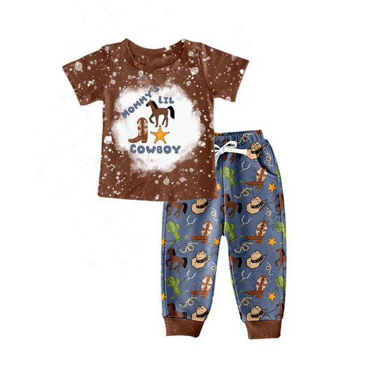 Baby Boys Mommy Little Cowboy Short Sleeve Tee Shirt Pants Clothes Sets preorder(moq 5)