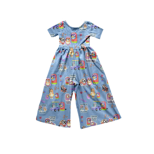 Baby Girls Cartoon Dogs Granny Blue Color Bell Pants Jumpsuits Preorder(moq 5)