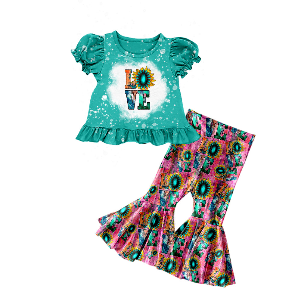 Baby Girls Western Love Turquoise Top Sunflower Flare Pants Sets Preorder(moq 5)