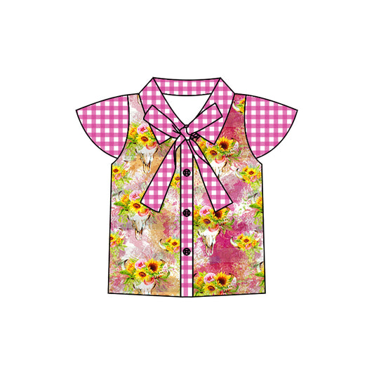 Baby Girls Pink Cow Skull Flutter Sleeve Bow Tee Shirts Tops preorder(moq 5)